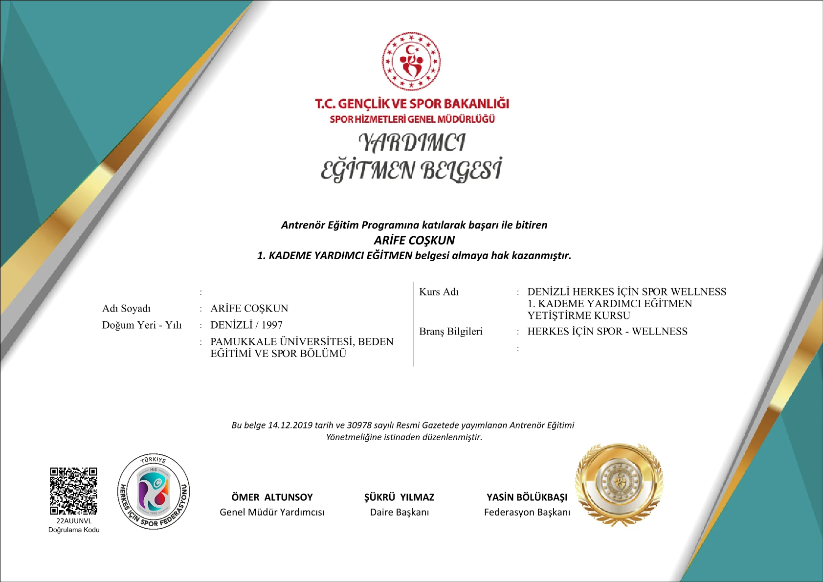 Herkes İçin Spor - Wellness Yardımcı Eğitmen Belgesi